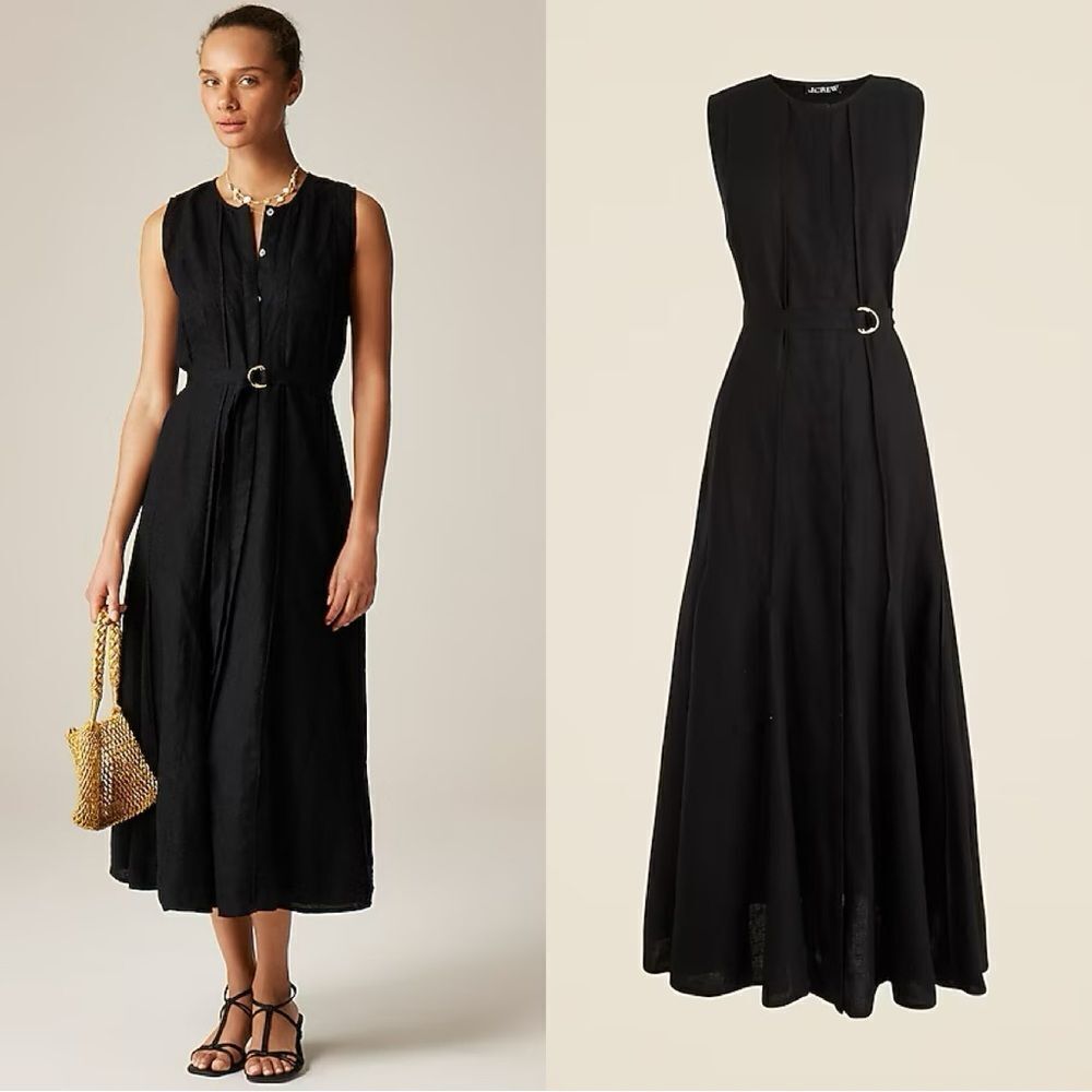 NWT J CREW Seamed linen dress with removable belt in black